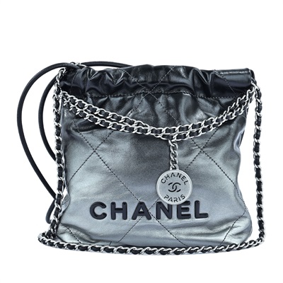 香奈兒 CHANEL 22 迷你 束口包  晶片款 黑銀漸層22 MINI 防塵袋/原廠盒子/購買證明影本