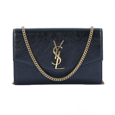 聖羅蘭 YSL SAINT LAURENT Uptown 粒面壓紋皮革 鏈條錢包 6077881GF0J 黑LOGO信封鍊包 原廠盒子/內袋