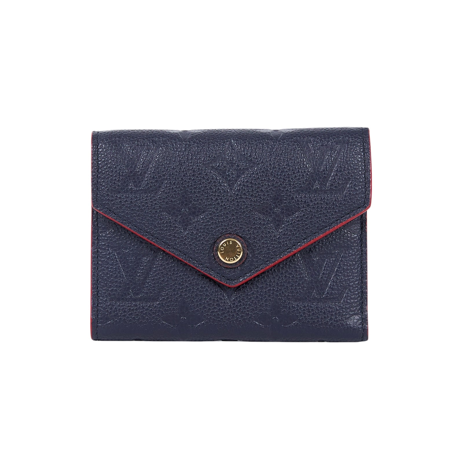 路易威登 LOUIS VUITTON Victorine 壓花皮革 三折暗釦 短夾 海軍藍 紅色 M64577 晶片款  原廠盒子/防塵袋/購買證明影本