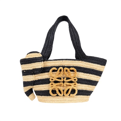 羅意威 LOEWE Elephant basket bag in raffia 大象包 拉菲亞草 托特包 A223T37X02 黑棕條紋草編肩背包 防塵袋