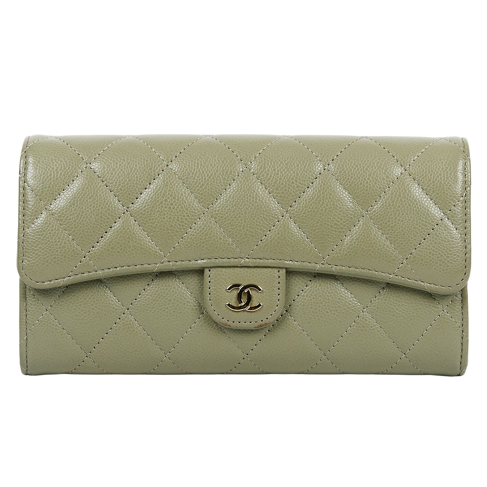 香奈兒 CHANEL 荔枝皮 扣式 翻蓋 二折長夾 AP0241 晶片款 墨綠荔枝COCO長夾 無附屬品