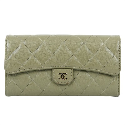 香奈兒 CHANEL 荔枝皮 扣式 翻蓋 二折長夾 AP0241 晶片款 墨綠荔枝COCO長夾 無附屬品