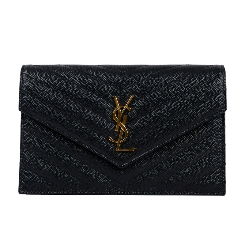 聖羅蘭 YSL SAINT LAURENT 山形紋 鏈袋 信封包 金扣 393953BOW01 黑金魚子醬WOC 原廠盒子/防塵袋/購買明細
