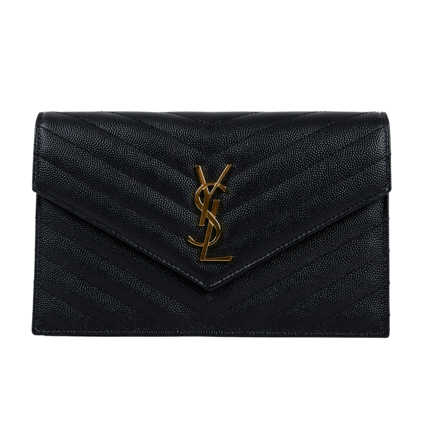 聖羅蘭 YSL SAINT LAURENT 山形紋 鏈袋 信封包 金扣 393953BOW01 黑金魚子醬WOC 原廠盒子/防塵袋/購買明細