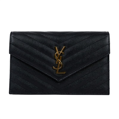 聖羅蘭 YSL SAINT LAURENT 山形紋 鏈袋 信封包 金扣 393953BOW01 黑金魚子醬WOC 原廠盒子/防塵袋/購買明細