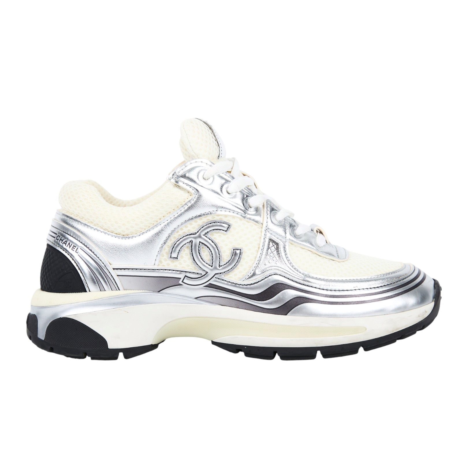 香奈兒 CHANEL CC 跑鞋 G39792_37 銀白運動鞋 原廠盒子/防塵袋/灰色鞋帶
