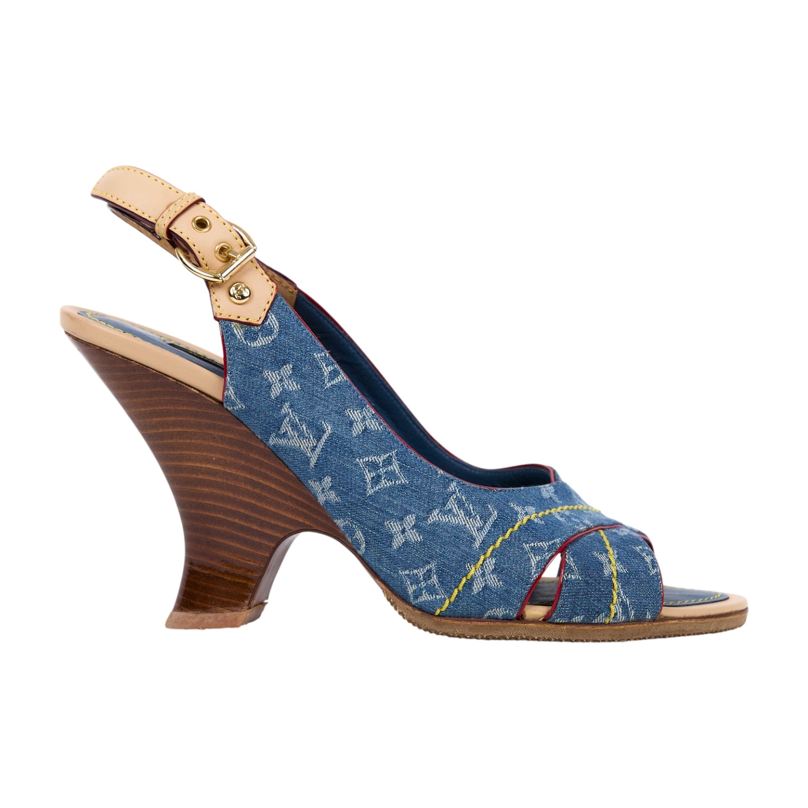 路易威登 LOUIS VUITTON 老花 Monogram 涼鞋 單寧  丹寧交叉露趾跟鞋 原廠盒子/防塵袋