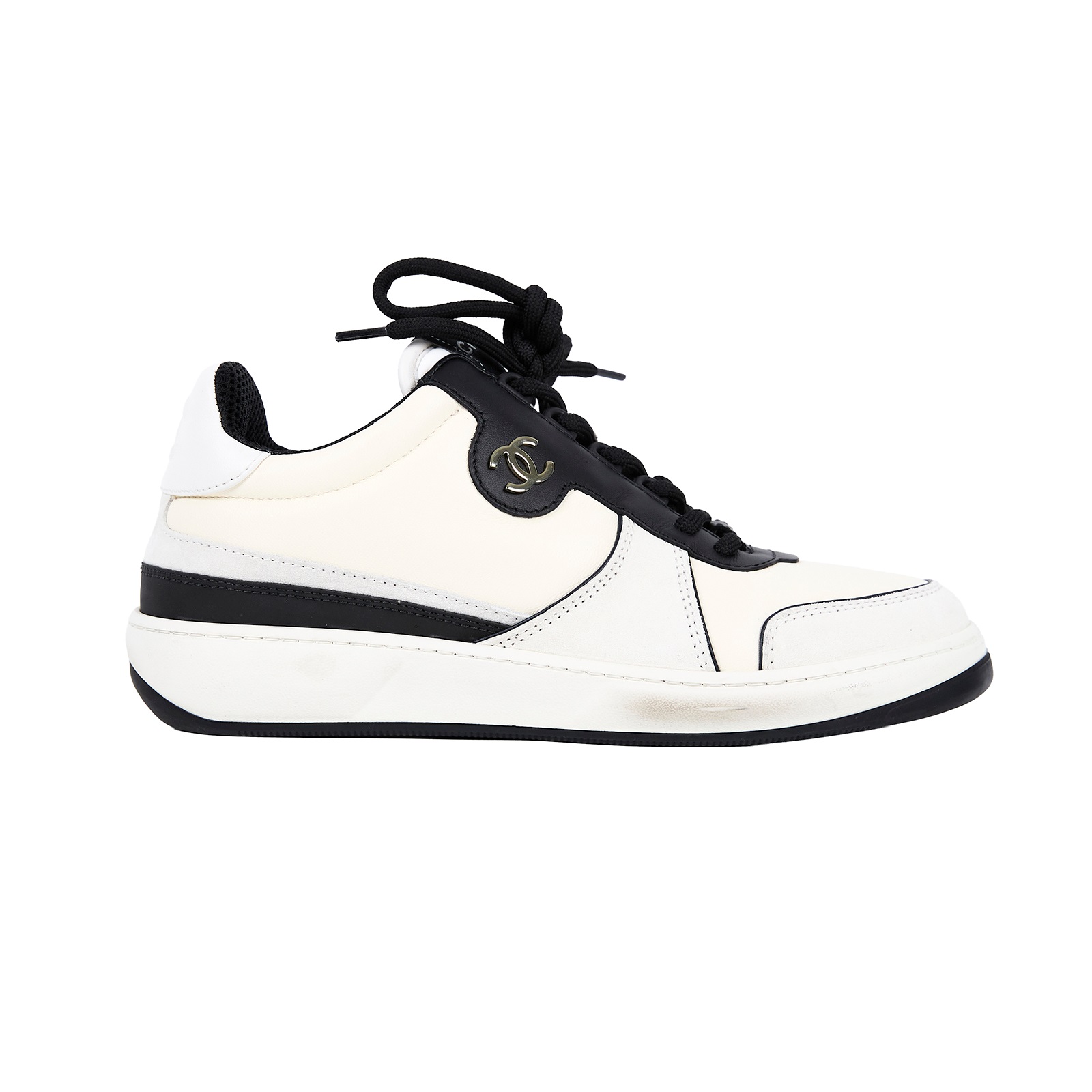 香奈兒 CHANEL CC LOGO 球鞋 運動鞋 G45212_38 象牙色/黑色皮革配絨面運動鞋 無附屬品