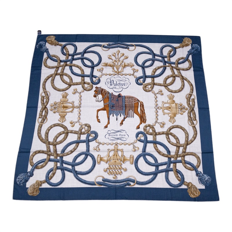 愛馬仕 Hermes Palefroi 140披肩 淺海軍藍 雲紋灰 青銅色 H241423Sv01  藍馬圖喀什米爾圍巾 原廠盒子