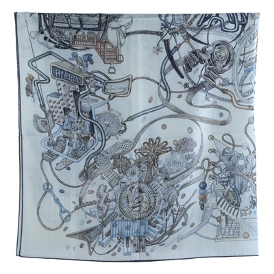 愛馬仕 Hermes Le Monde dHermes 140 披肩 白色 板岩深灰 大象灰 H244230Sv13  淺灰馬草圖喀什米爾圍巾 原廠盒子