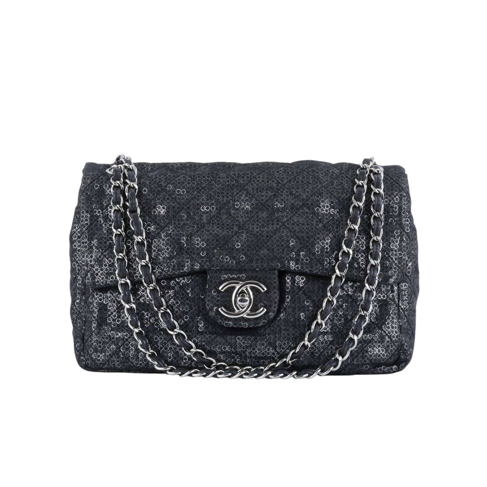 香奈兒 CHANEL CF Jumbo 口蓋包 肩背包 斜背包  12開黑亮片銀扣翻蓋包 無附屬品