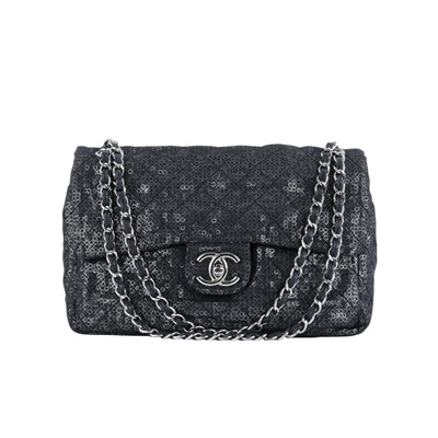 香奈兒 CHANEL CF Jumbo 口蓋包 肩背包 斜背包  12開黑亮片銀扣翻蓋包 無附屬品