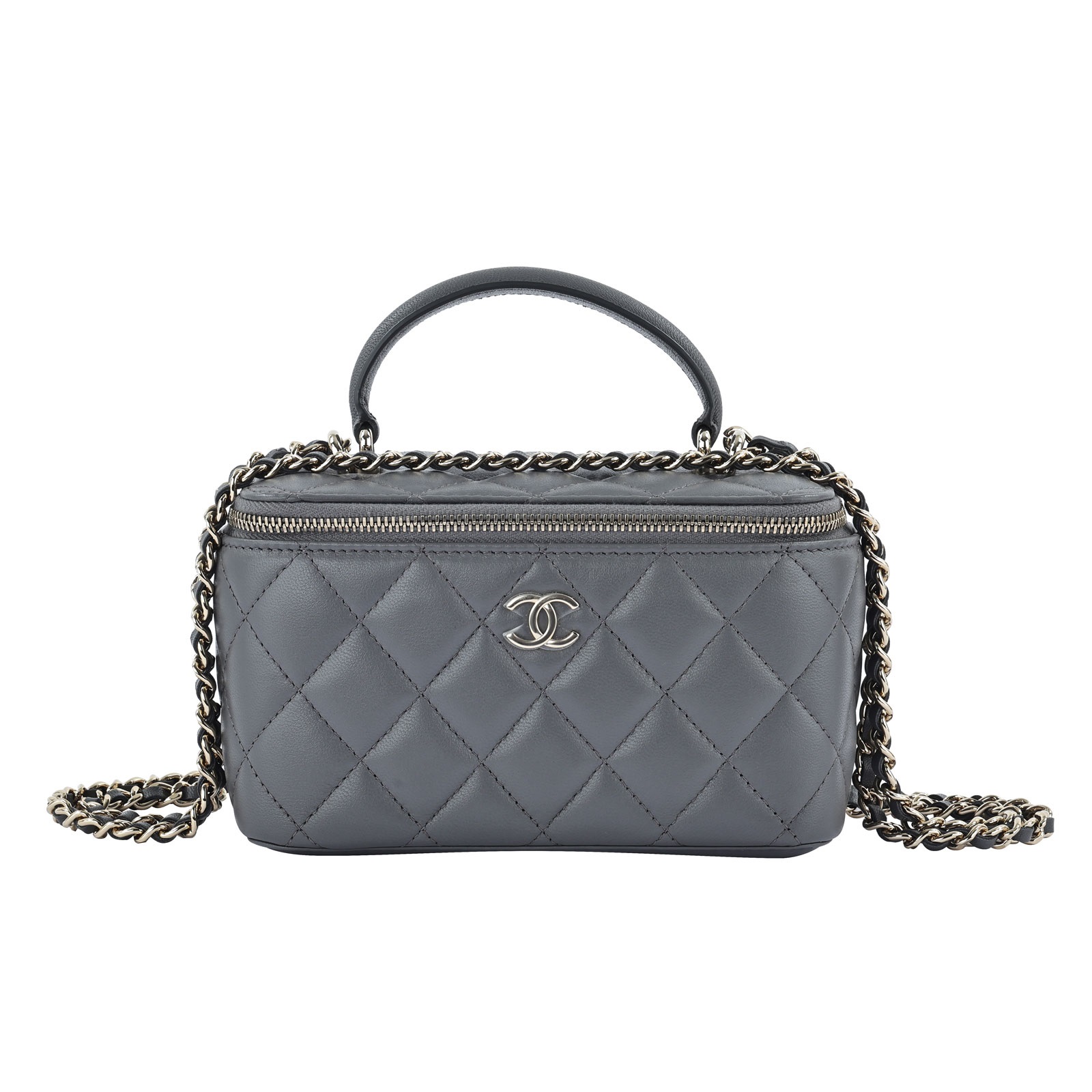 香奈兒 CHANEL Vanity Case 化妝箱 AP2199 晶片款 灰淡金羊皮 Vanity Case 化妝盒 防塵袋/影印購買證明