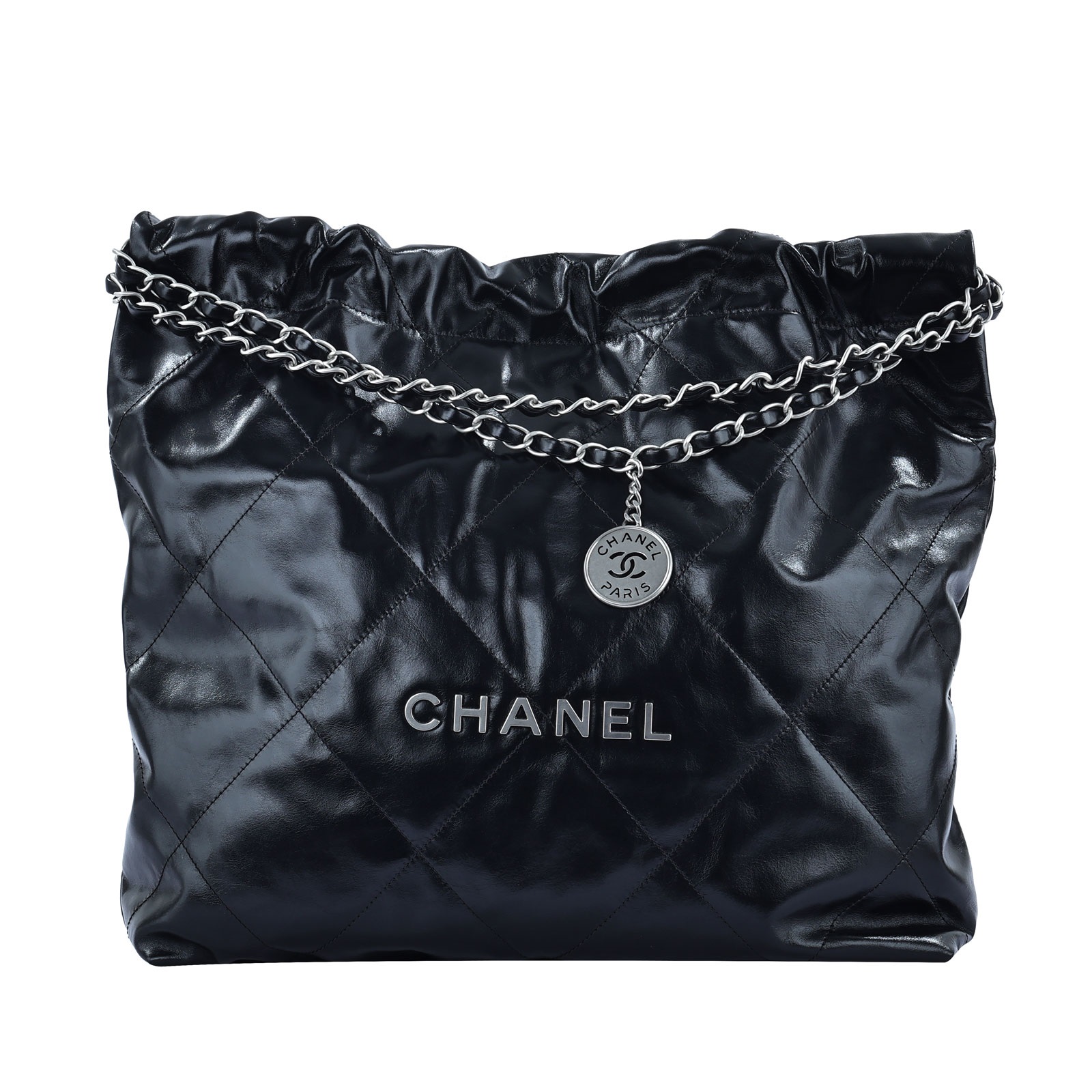 香奈兒 CHANEL 22 中型 束口包  晶片款 黑銀22 中號