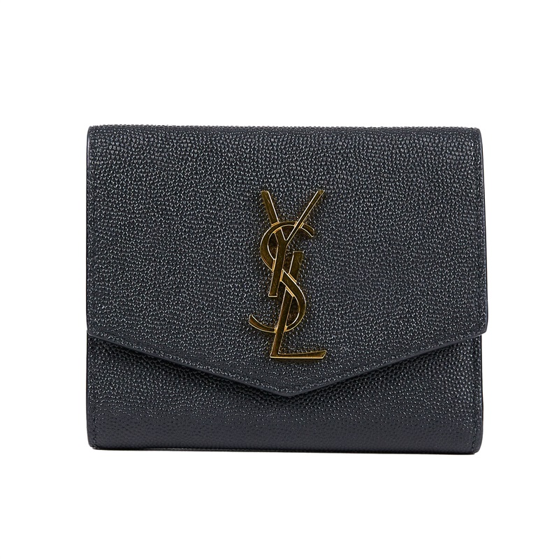 聖羅蘭 YSL SAINT LAURENT Uptown 粒面壓紋皮革小型 錢包 5822961GF0J 黑三折短夾 原廠盒子/防塵袋