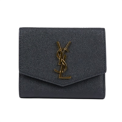 聖羅蘭 YSL SAINT LAURENT Uptown 粒面壓紋皮革小型 錢包 5822961GF0J 黑三折短夾 原廠盒子/防塵袋