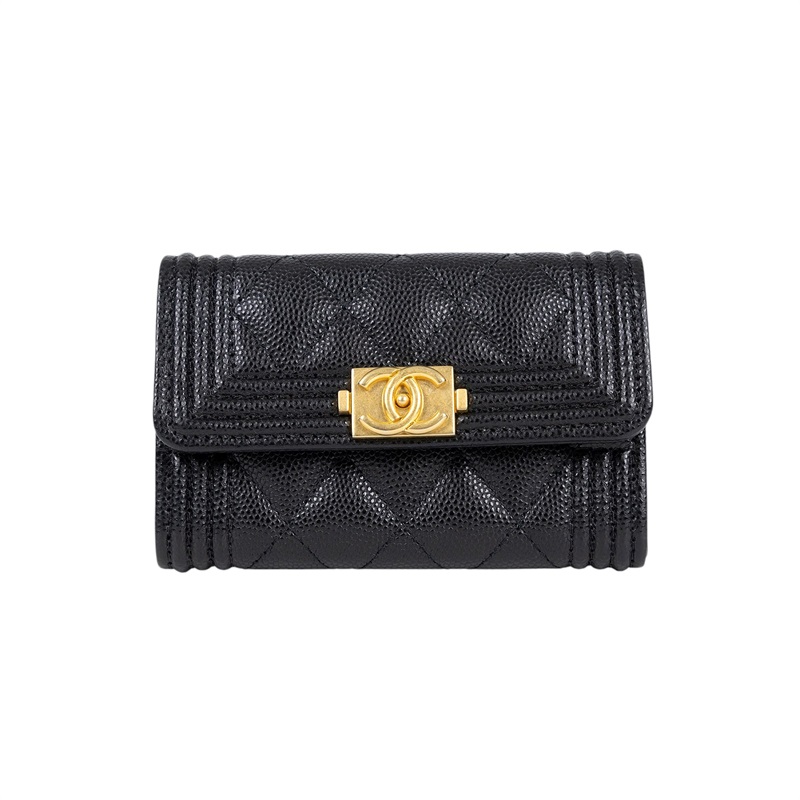 香奈兒 CHANEL BOY 口蓋卡片夾 卡夾 A80603 黑金荔枝BOY卡包 原廠盒子/保證卡/購買證明影本