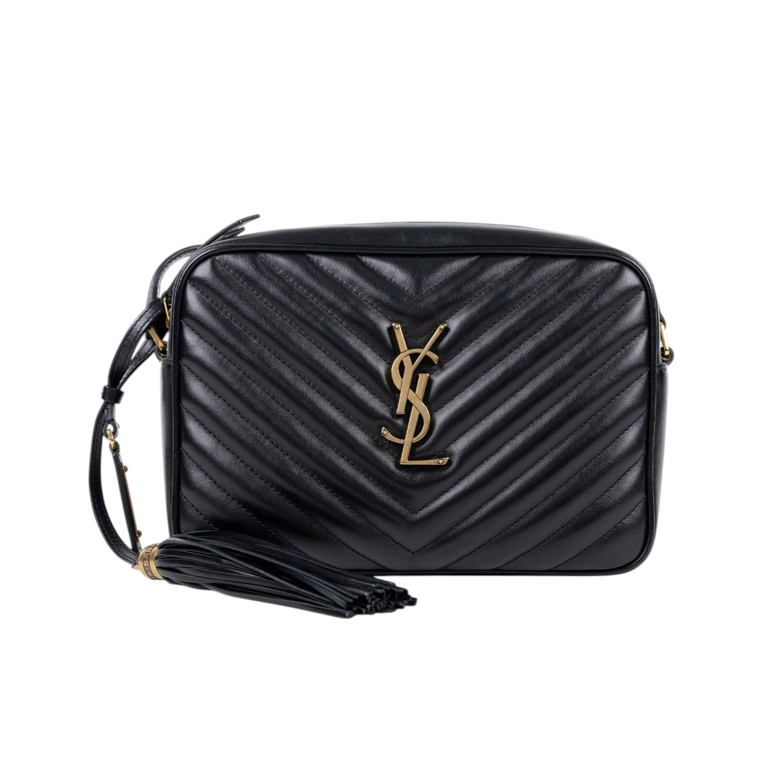 聖羅蘭 YSL SAINT LAURENT Monogram V字紋 流蘇 斜背包 520534DV707 黑流蘇相機包 防塵袋/保證卡