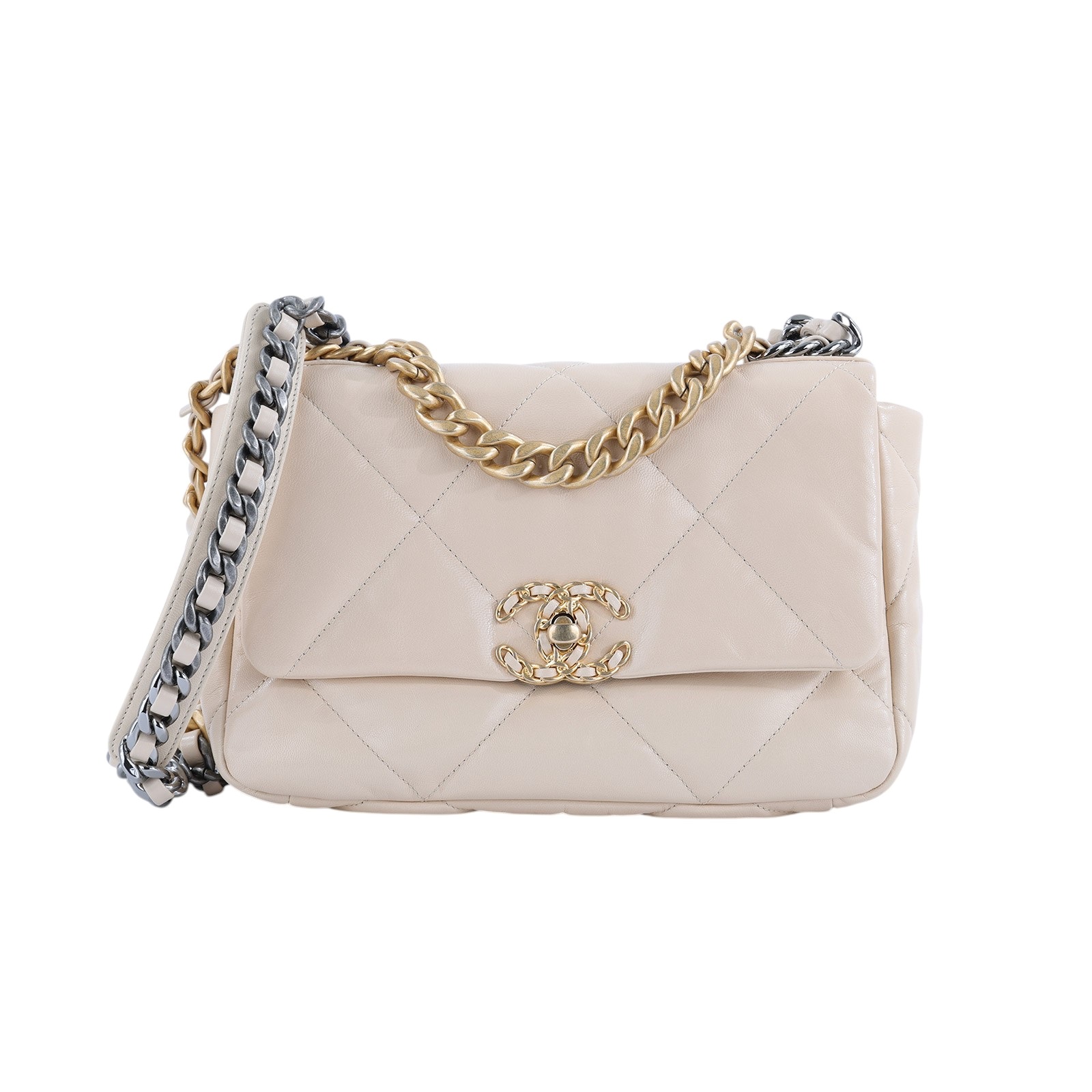 香奈兒 CHANEL 19 口蓋包 菱格紋 金銀鍊帶 手提 肩背包  奶茶19 小號 防塵袋/原廠盒子