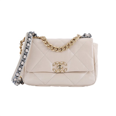 香奈兒 CHANEL 19 口蓋包 菱格紋 金銀鍊帶 手提 肩背包  奶茶19 小號 防塵袋/原廠盒子