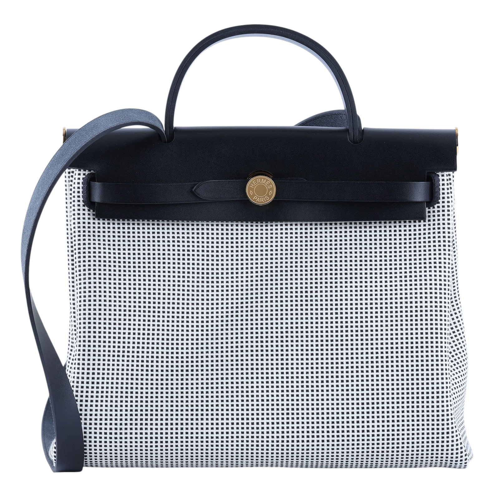 愛馬仕 Hermès Herbag Zip 20 金色五金 黑色 H082926CCAA U刻 黑白格HERBAG31 防塵袋/原廠盒子/鎖組/購買證明