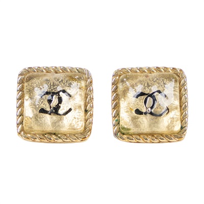 香奈兒 CHANEL 耳釘 00C 金方形麻花邊黑LOGO耳環 原廠盒子