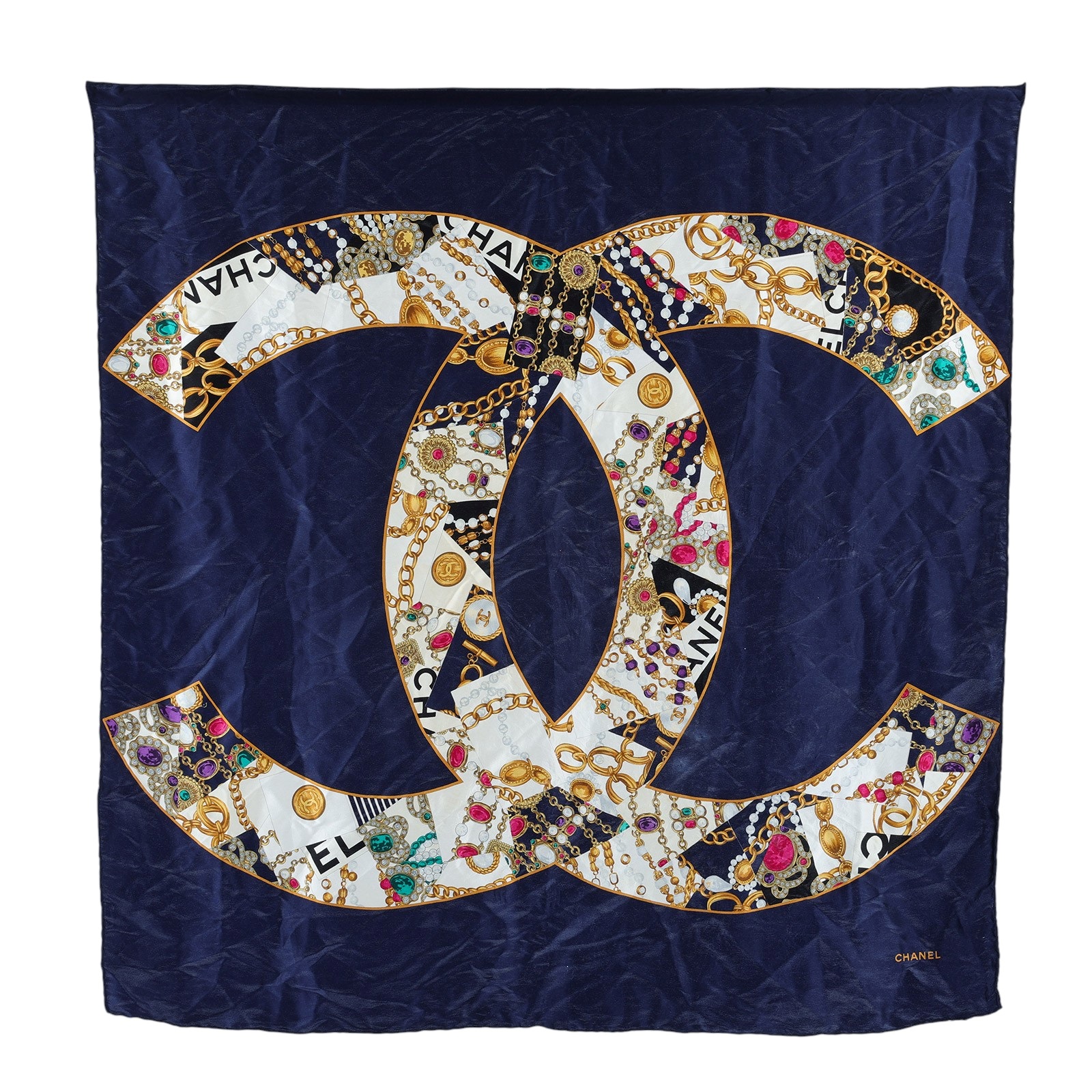 香奈兒 CHANEL 絲巾  深藍雙CLOGO絲巾 無附屬品