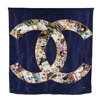 香奈兒 CHANEL 絲巾  深藍雙CLOGO絲巾 無附屬品