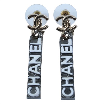 香奈兒 CHANEL 耳釘 C 21K 黑長方形LOGO垂墜耳環 原廠盒子