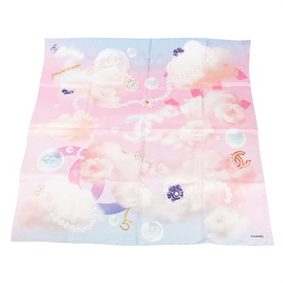 香奈兒 CHANEL 藍粉夢幻 絲巾 粉色  藍粉夢幻絲巾 90CM 原廠盒子