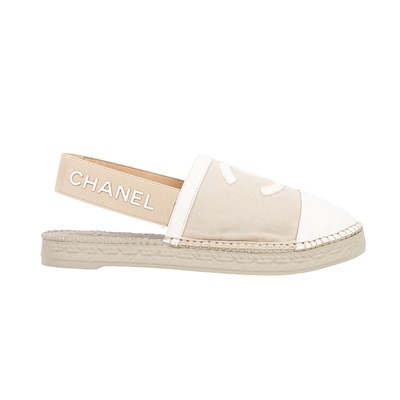 香奈兒 CHANEL 雙C LOGO 字母 繫帶 涼鞋 穆勒鞋 帆布 米白 G34817_37 米白繫帶涼鞋 #37 防塵袋/原廠盒子/購買證明