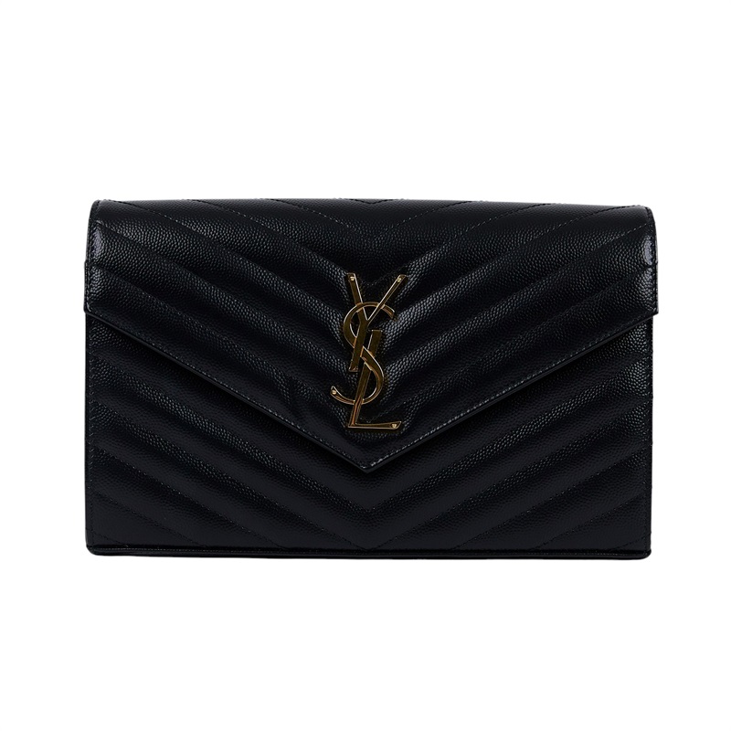 聖羅蘭 YSL SAINT LAURENT Cassandre 經典粒面皮革 鏈條 錢包 金色五金 377828BOW01 黑金魚子醬WOC 無附屬品