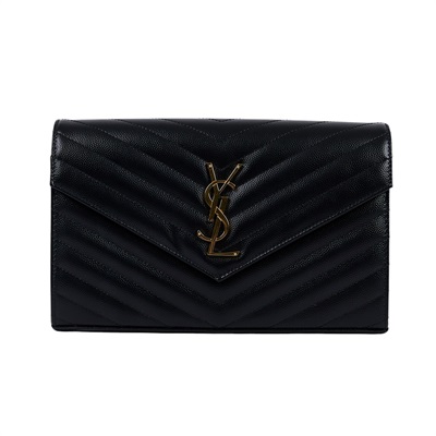 聖羅蘭 YSL SAINT LAURENT Cassandre 經典粒面皮革 鏈條 錢包 金色五金 377828BOW01 黑金魚子醬WOC 無附屬品