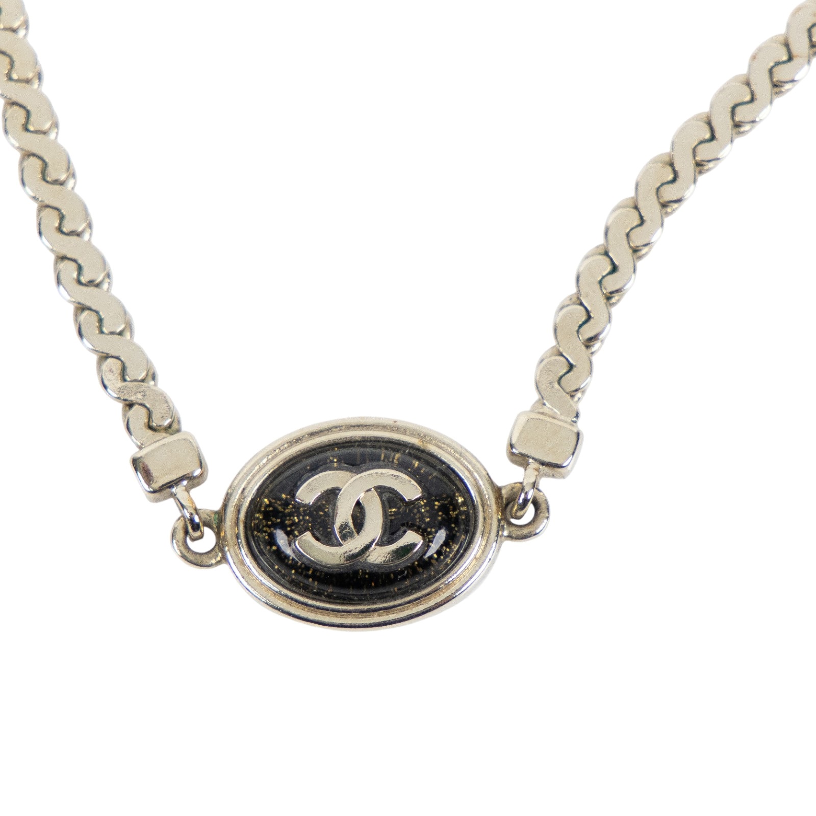 香奈兒 CHANEL CC 項鍊 C25 A 淡金黑橢圓雙C鎖骨鍊 原廠盒子 內襯