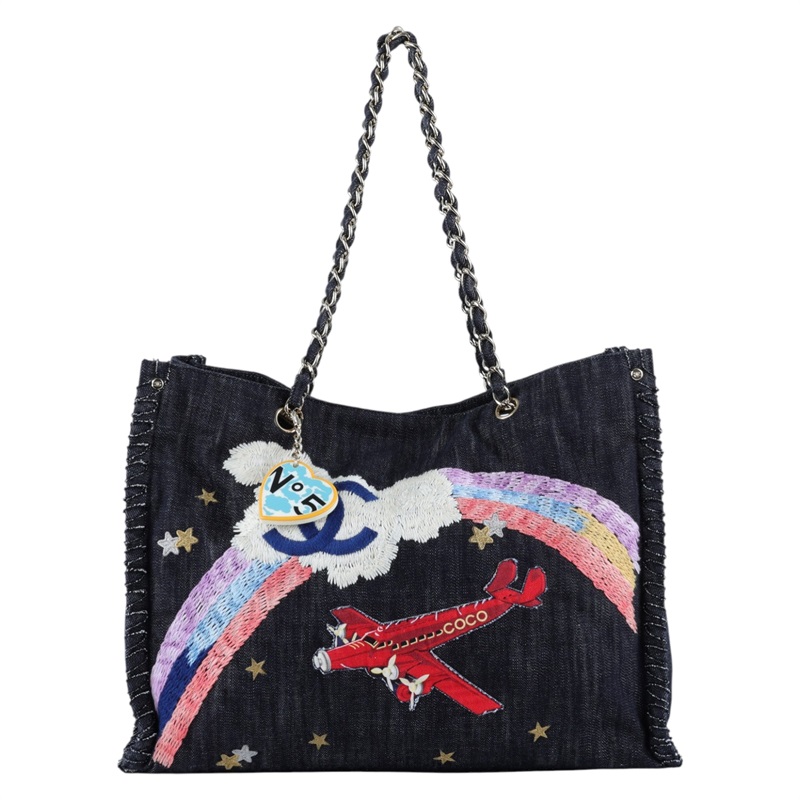 香奈兒 CHANEL CC LOGO Night Flight 購物包 托特包 肩背包 A31932 牛仔彩虹飛機托特 無附屬品