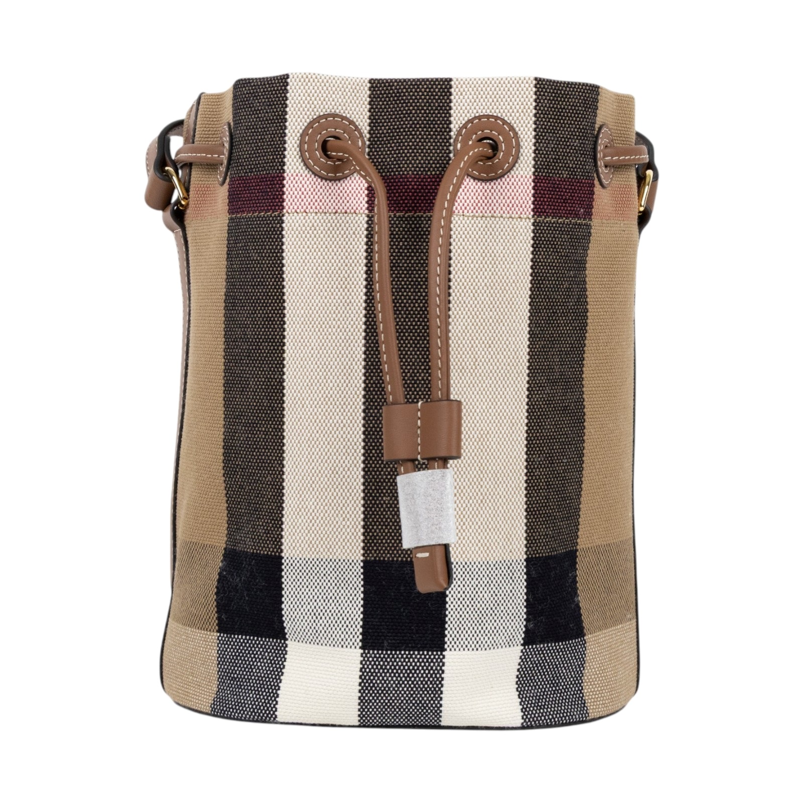 博柏利 BURBERRY 束口 水桶包  斜背包 8084045 咖格紋帆布牛皮飾邊束口水桶包 防塵袋