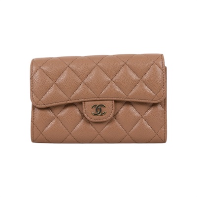 香奈兒 CHANEL 經典小香 菱格 荔枝紋 牛皮 銀釦 LOGO 中夾 AP0232 晶片款 奶茶金荔枝中夾 防塵袋