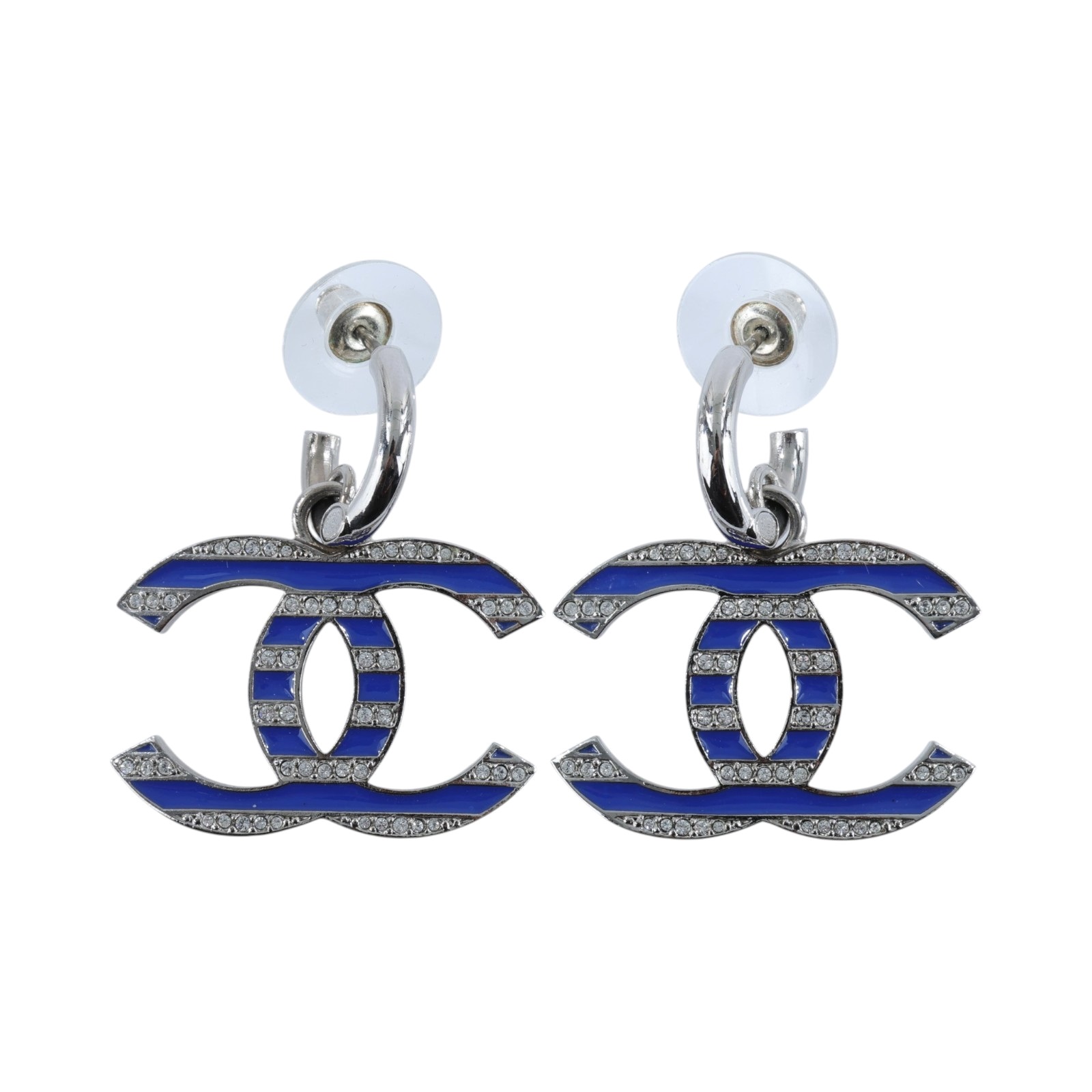 香奈兒 CHANEL CC LOGO 水鑽 耳環 耳釘 C25C 藍條紋水鑽雙C耳環 原廠盒子/內襯