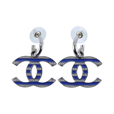 香奈兒 CHANEL CC LOGO 水鑽 耳環 耳釘 C25C 藍條紋水鑽雙C耳環 原廠盒子/內襯