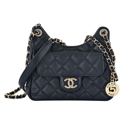 香奈兒 CHANEL 流浪包 Hobo Bag CC LOGO 亮面牛皮 斜背包 AS3710 晶片款 黑金荔枝HOBO天貓精靈