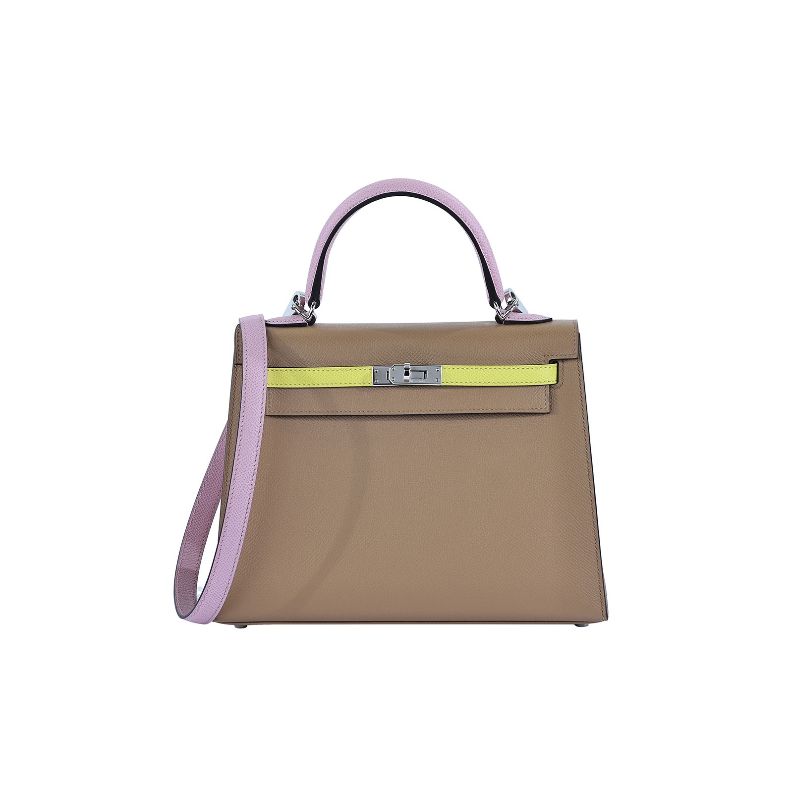 愛馬仕 Hermès Kelly Bag 凱莉包 25 KL25 H082734CKAJ/U刻 茶色拼萊姆黃錦葵紫KELLY25 原廠盒子/防塵袋/鎖組/背帶