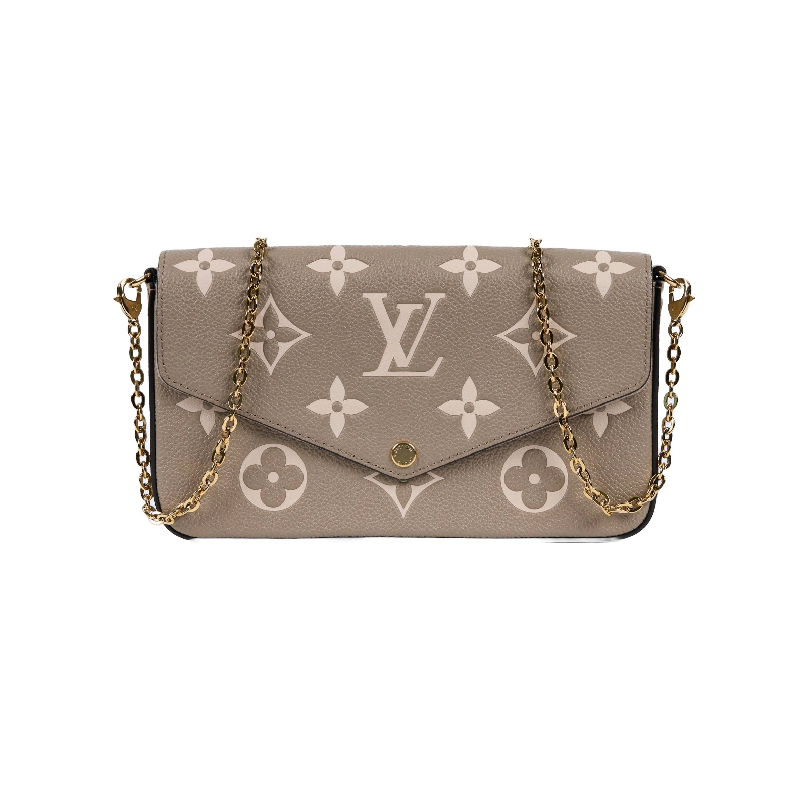 路易威登 LOUIS VUITTON Félicie Pochette 粒面壓花牛皮 翻蓋 斜背 鍊帶 肩背包 灰色 奶油色 M82610 晶片款  防塵袋/背帶