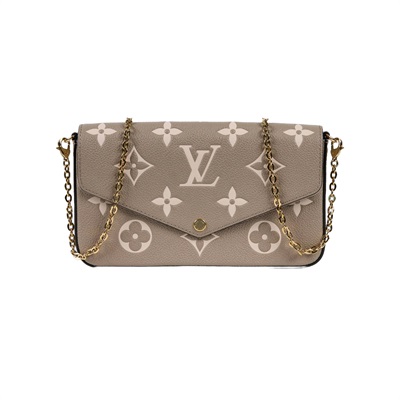 路易威登 LOUIS VUITTON Félicie Pochette 粒面壓花牛皮 翻蓋 斜背 鍊帶 肩背包 灰色 奶油色 M82610 晶片款  防塵袋/背帶