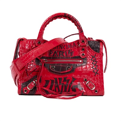 巴黎世家 BALENCIAGA Mini City 機車包 300295 紅鱷魚紋塗鴉MINI CITY 防塵袋