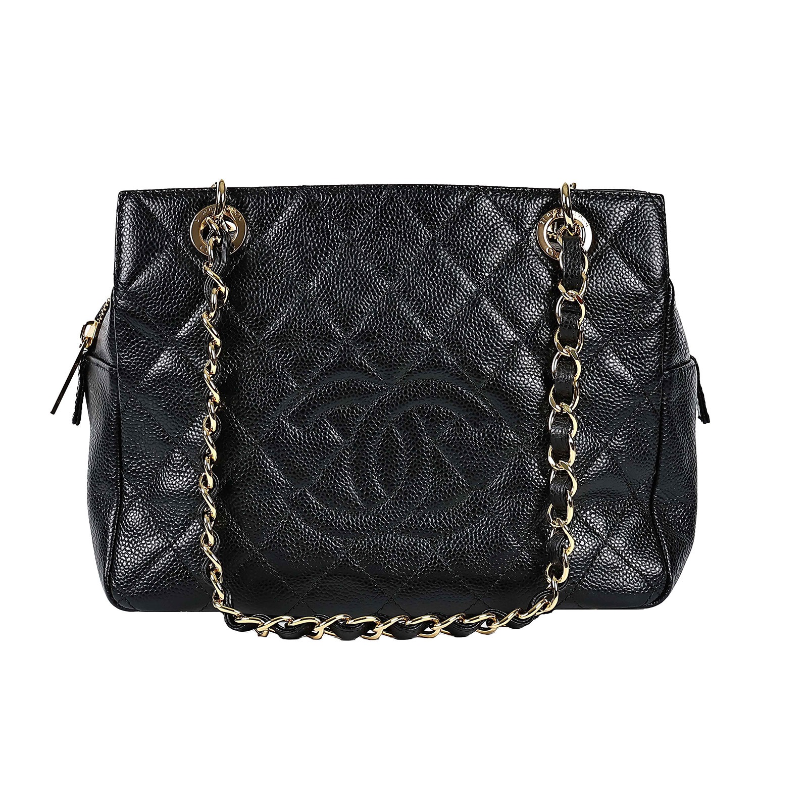 香奈兒 CHANEL PTT Petit Timeless Tote CC Logo 菱格 荔枝紋 金鍊 肩背 托特包 A18004 15開黑金豆腐包 防塵袋/保證卡