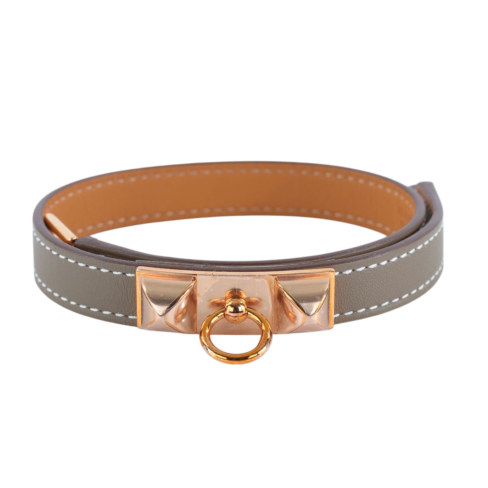 愛馬仕 Hermès Rivale Double Tour 手環  U刻 U刻 大象灰/玫金 RIVALE雙圈皮手環 原廠盒子/防塵袋