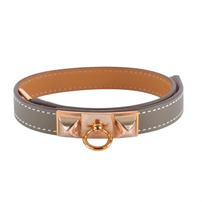 愛馬仕 Hermès Rivale Double Tour 手環  U刻 U刻 大象灰/玫金 RIVALE雙圈皮手環 原廠盒子/防塵袋