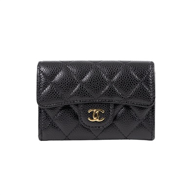 香奈兒 CHANEL 經典口蓋卡片夾 AP0214 黑荔枝卡包 原廠盒子/防塵袋/購買證明影本