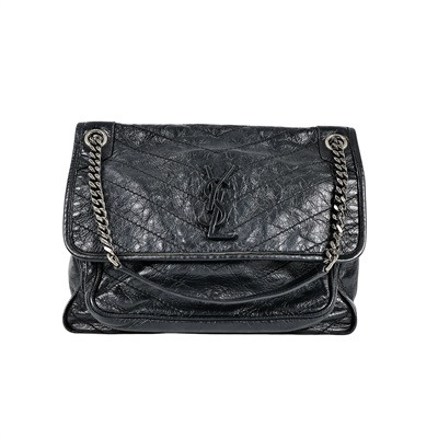 聖羅蘭 YSL SAINT LAURENT NIKI  復古皮革 山型紋 翻蓋 肩背包 中號 4988940EN04 黑NIKI MEDIUM 無附屬品