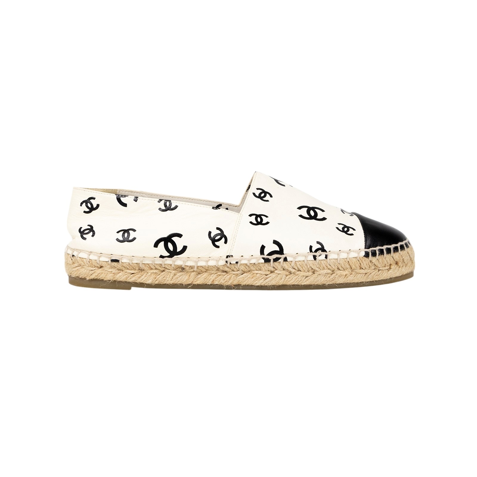 香奈兒 CHANEL Espadrilles 漁夫鞋 G38628_41 白底黑LOGO草編鞋 #41 無附屬品
